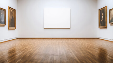 Large blank canvas displayed on museum wall with framed portraits and polished wooden floor