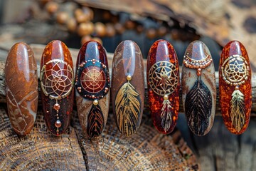 Colorful handmade nail art featuring dreamcatcher designs, feathers, and beads displayed on a bed of autumn leaves with a warm seasonal atmosphere