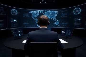 Poster - A focused individual in a modern control room surrounded by digital screens, embodying the future of technology and innovation.
