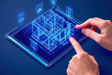Poster - A hand interacting with a digital architectural model on a tablet screen, showcasing innovation in technology.