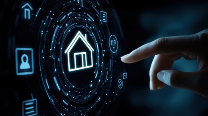 Poster - A hand interacting with a digital interface featuring home symbols and connectivity icons.
