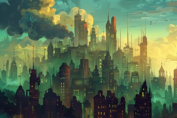 Poster - A futuristic cityscape under an atmospheric sky filled with clouds, showcasing tall skyscrapers and glowing windows at dusk