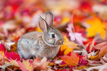 Aufkleber - A cute rabbit sitting amidst colorful autumn leaves in a serene park, showcasing the beauty of nature during the fall season