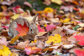Aufkleber - A cute rabbit sitting amidst colorful autumn leaves in a serene park, showcasing the beauty of nature during the fall season