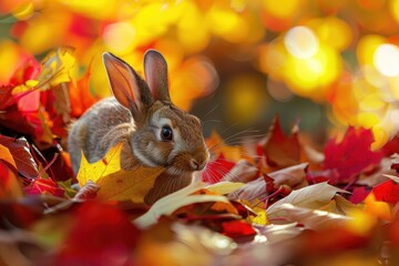 Aufkleber - A cute rabbit sitting amidst colorful autumn leaves in a serene park, showcasing the beauty of nature during the fall season