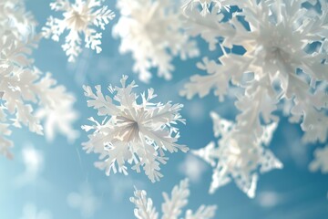 Poster - Close-up view of delicate snowflakes resting on a soft layer of snow during a sunny winter afternoon, creating a serene and tranquil outdoor scene