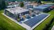 © Jack - An aerial view of a hydrogen production facility with electrolysis units and solar panels nearby, illustrating the sustainable aspect of hydrogen energy.