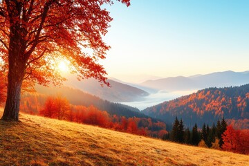 Beautiful autumn landscape with vibrant red trees in the foreground and misty mountains in the background during sunrise.