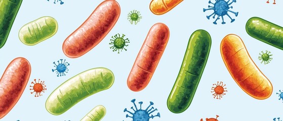 Poster - Colorful bacteria and virus illustrations on a light blue background, ideal for educational and scientific purposes.