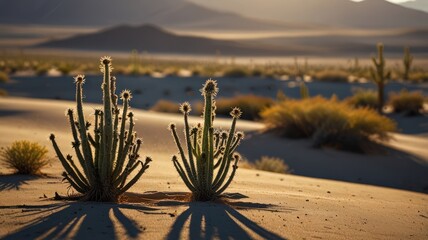 two cacti plants growing in the desert sand dunes at sunset, with distant mountains in the backgroun