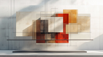 Wall Mural - A large abstract painting with a white background and red and brown squares