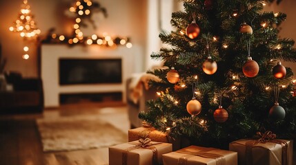 Festive Christmas tree decorated with glowing lights and ornaments in a cozy living room, with gifts underneath, copy space —ar 16:9