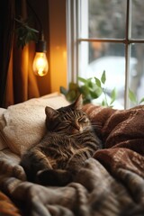 A peaceful cat sleeps wrapped in blankets with warm lighting by the window.