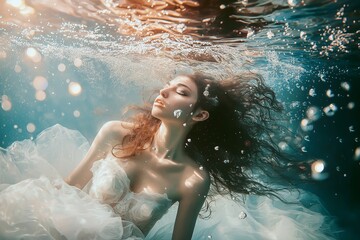 A woman in a white dress floats gracefully underwater amidst bubbles.