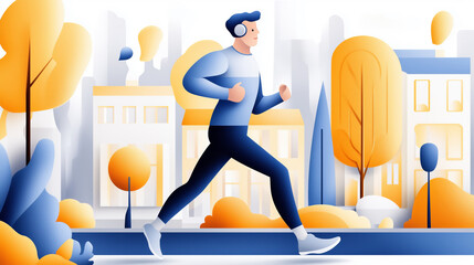 An adult man in casual athletic wear jogs through a colorful city landscape, enjoying nature and exercise amidst the urban environment, colorful illustration.