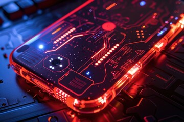 Poster - A futuristic smartphone with vibrant LED lights showcasing a circuit board design on a desk cluttered with tech gadgets at night