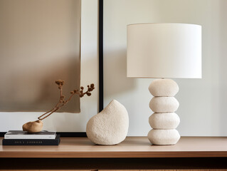 Modern minimalist interior closeup of textured lampshade in neutral color. Statement lighting. Rustic and ambient lighting.
