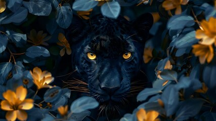 Wall Mural - Black panther hiding in leaves in forest. Wild cat in the jungles. Nature and wildlife conservation concept. Exotic animal. Close-up view