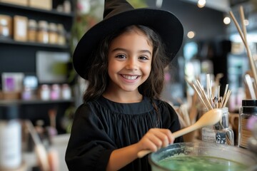 A charming young girl dressed as a witch, joyfully stirring a green potion with a wooden spoon, embodies childhood imagination and creativity in a whimsical setting.