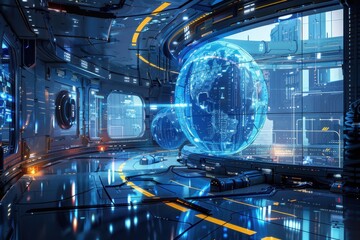 Poster - Futuristic control room featuring holographic displays of Earth and advanced technology in a sleek, illuminated environment