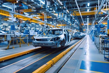 Poster - Automotive assembly line in a manufacturing facility with partially assembled cars moving along a conveyor belt under bright industrial lighting