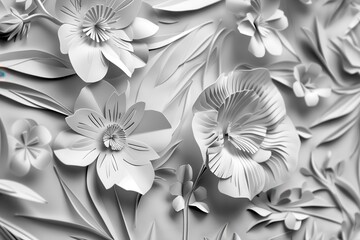 Aufkleber - Delicate white floral paper art featuring intricate details of various flowers and leaves, creatively arranged to enhance texture and visual appeal in a soft, monochrome style