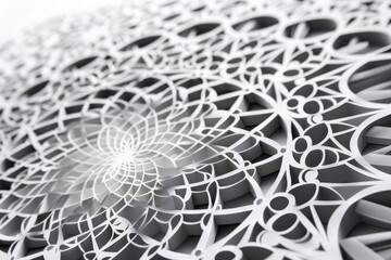 Aufkleber - Intricate white laser-cut design featuring a spiral pattern, showcasing craftsmanship and attention to detail in a contemporary art setting