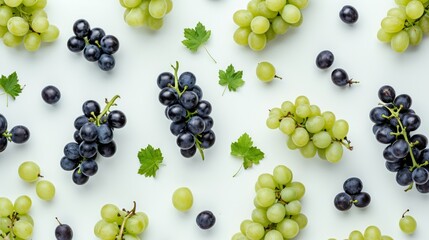 Diverse Varieties of Black and Green Grapes: A Delectable Medley on a White Canvas