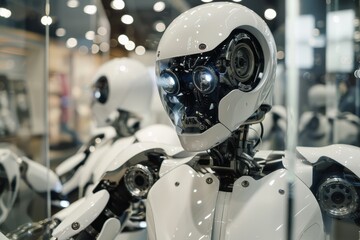 Fototapete - A lineup of robotic prototypes in a technology exhibition showcased during an industry event, highlighting advancements in automation and robotics in 2023