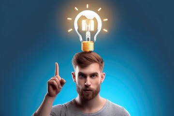 A man gestures upward toward a glowing light bulb, representing innovation, new ideas, and creative problem-solving. A symbol of intellectual insight and motivation.