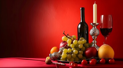 Elegant Still Life: A Harmonious Arrangement of Fruits, Candlestick, and Wine on a Vase, Against a B