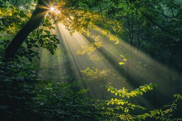 Poster - Sunlight filters through vibrant green leaves in a tranquil forest, casting dramatic rays on the lush undergrowth during early morning hours