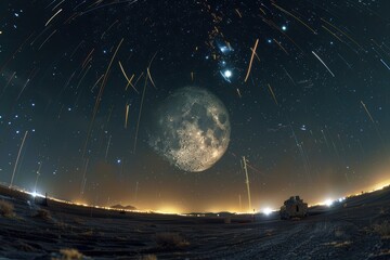 Poster - A stunning night sky filled with star trails and a large moon over a desert landscape, showcasing the beauty and tranquility of nature under the stars