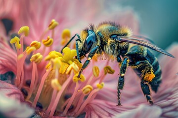 Poster - A close-up view of a bee collecting pollen from a delicate blossom on a warm spring day in a vibrant garden filled with colorful flowers