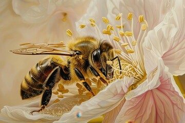 Poster - A close-up view of a bee collecting pollen from a delicate blossom on a warm spring day in a vibrant garden filled with colorful flowers
