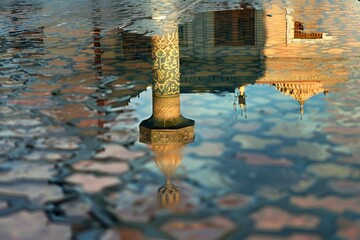 Poster - Reflection of historic architecture in shallow water showcasing the intricate details of minarets and domes during a calm early morning