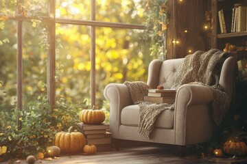 Cozy autumn atmosphere with a comfortable armchair by a window adorned with pumpkins and lush greenery in a sunlit room