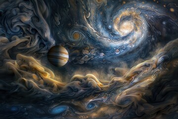 Leinwandbilder - A mesmerizing cosmic swirl featuring a vibrant galaxy and the majestic planet Jupiter set against a dark, star-studded backdrop in the depths of space