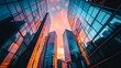 © LovelyArt - Elegant high-rise building with mirrored surfaces reflecting the vibrant hues of the sunset sky in a futuristic cityscape