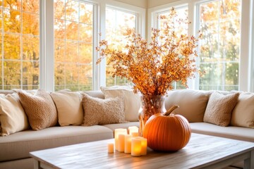 Cozy autumn living room decorated with pumpkins and warm candles in a sunlit space