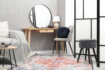 Poster - mirror, dressing table, chairs and folding screen indoors. interior design