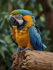 Beautiful blue and yellow macaw parrot close-up. Generated with AI.