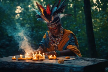 Poster - a man lighting candles in a forest