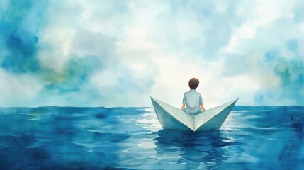 a boy sitting on a paper boat in the ocean