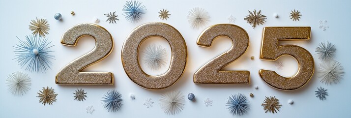 Wall Mural - A light, gentle abstract background featuring the year '2025' in gold and silver, surrounded by holiday fireworks and decorative elements