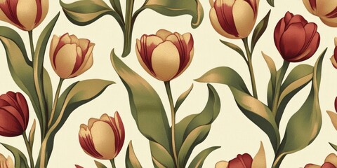 Poster - This beautiful floral pattern features vibrant tulips in rich reds and soft yellows. The design has a vintage style, perfect for wallpapers or fabric. Transform spaces with elegance. AI