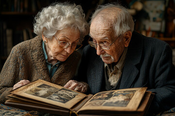 Wall Mural - An elderly couple reminiscing over old photo albums, showcasing the importance of memories and reflection. Concept of nostalgia.