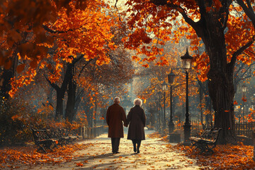 An elderly couple enjoying a peaceful walk in the park, showcasing a balanced and healthy lifestyle. Concept of health.