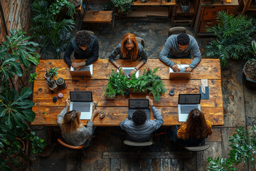 Poster - a virtual office space where team members from various cultures are collaborating online, showing th