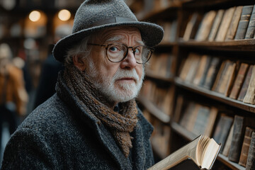 A senior man visiting a historical museum, representing a passion for learning and history. Concept of culture.